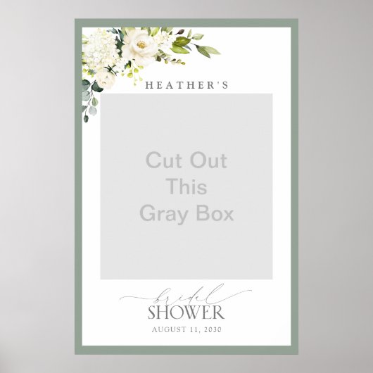 ホワイトグレーグリーンフローラブライダルシャワーフォトブース ポスター (正面)
