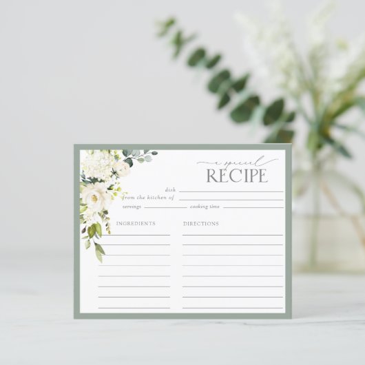 ホワイトグレーグリーンフローラブライダルシャワーレシピカード (スタンド正面)