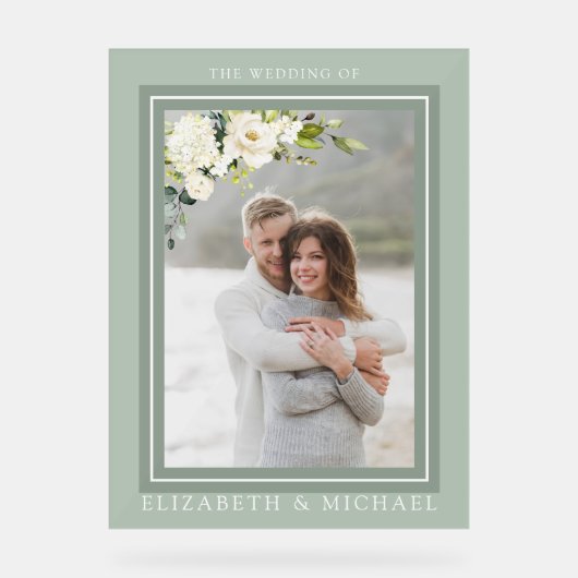 ホワイトグレーグリーンフローラ水彩写真結婚ズ アクリルサイン (正面)