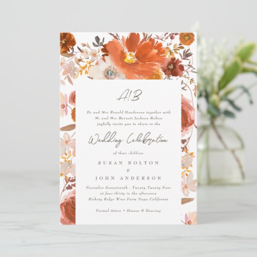 ホワイトグレーテラコッタモノグラム縁どフローラ 招待状 (スタンド正面)