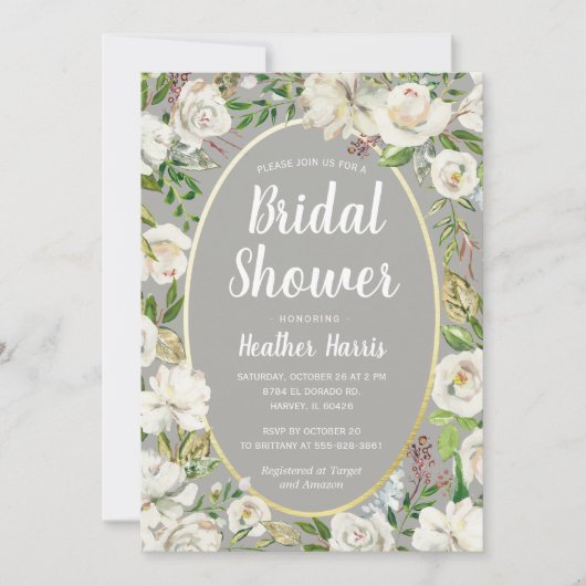ホワイトグレーフローラリースガーデンブライダルシャワーティー 招待状 (正面)