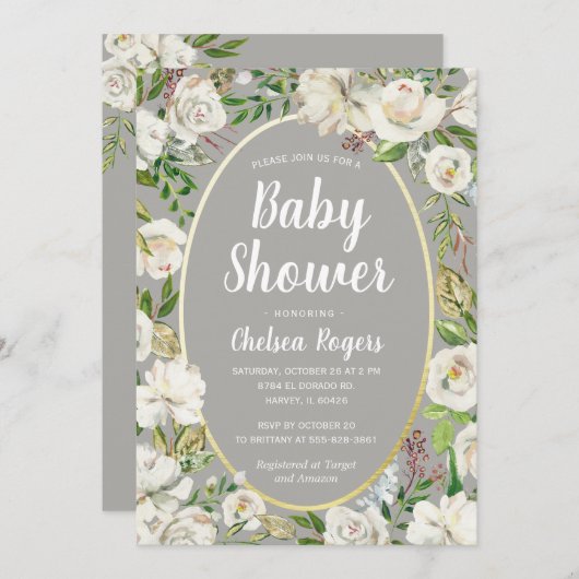 ホワイトグレーフローラ男女兼用シックなベビーシャワー 招待状 (正面/裏面)