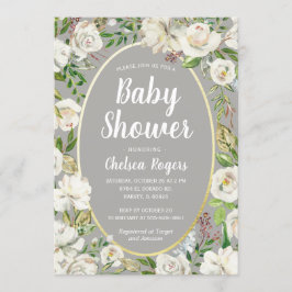 ホワイトグレーフローラ男女兼用シックなベビーシャワー 招待状