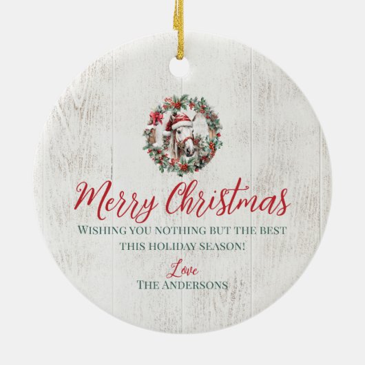 ホワイトグレーホースクリスマスホリーベリーリースウッド セラミックオーナメント (裏面)