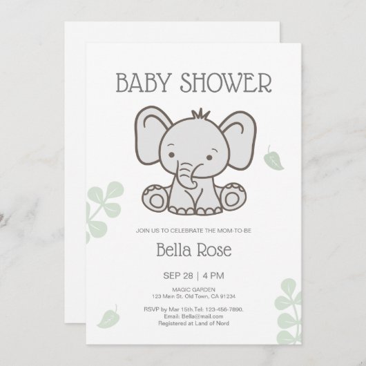 ホワイトグレー象男女兼用の赤ちゃんシャワー 招待状 (正面/裏面)