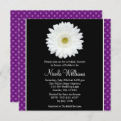 ホワイトゲルベラデイジーパープル水玉模様ブライダルシャワー 招待状 (正面/裏面)