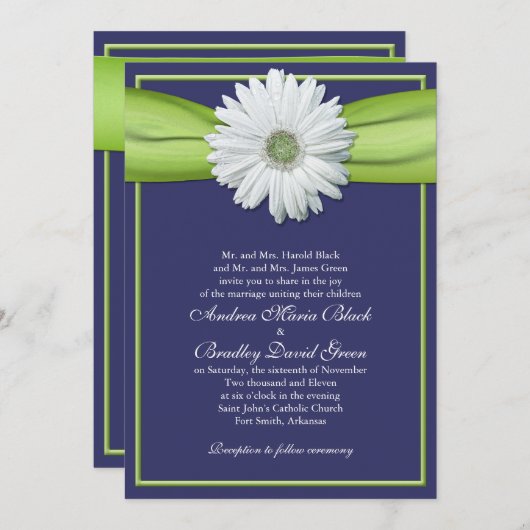 ホワイトゲルベラネイビーグリーンリボン招待状 招待状 (正面/裏面)