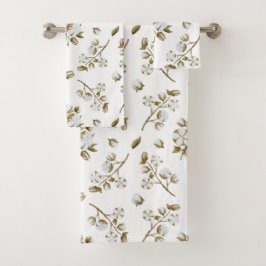 ホワイトコットンボール茎水色パターン バスタオルセット