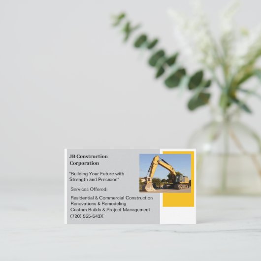 ホワイトコントラクターイエロー建築ブルドーザー 名刺 (スタンド正面)