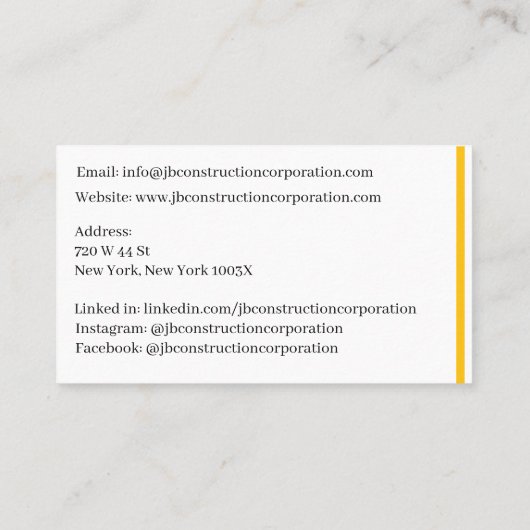 ホワイトコントラクターイエロー建築ブルドーザー 名刺 (裏面)