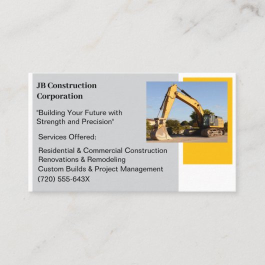 ホワイトコントラクターイエロー建築ブルドーザー 名刺 (正面)