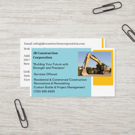 ホワイトコントラクターイエロー建築ブルドーザー 名刺 (正面/裏面インサイチュ)