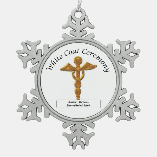ホワイトコート式金ゴールド医療品、ラウンドギフト スノーフレークピューターオーナメント (正面)