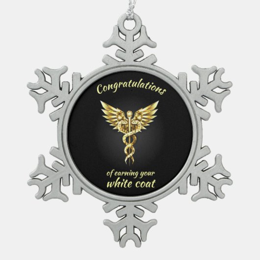 ホワイトコート式金ゴールド医療 スノーフレークピューターオーナメント (正面)