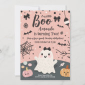 ホワイトゴスと可愛いピンクのハロウィーンの誕生日パーティー 招待状 (正面)