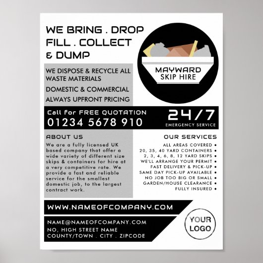 ホワイトゴミのスキップ、スキップ/ダンプスター会社 ポスター (正面)