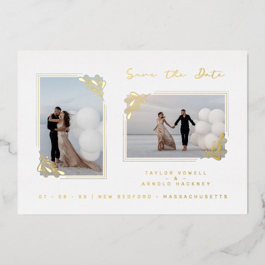 ホワイトゴールデンファンシーミニマリストの枝2枚の写真 箔招待状 (正面)