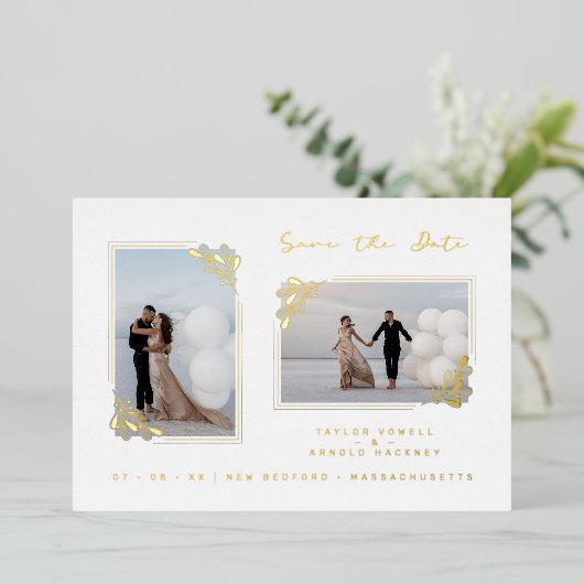 ホワイトゴールデンファンシーミニマリストの枝2枚の写真 箔招待状 (立ち正面)