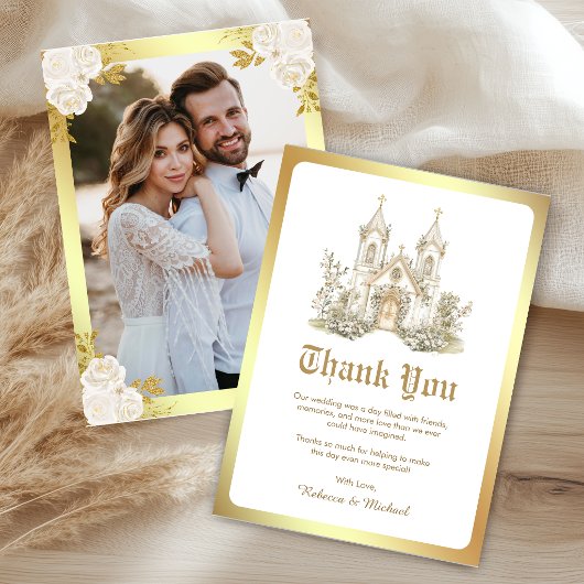ホワイトゴールドのカトリック教会の結婚式の写真 サンキューカード