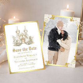 ホワイトゴールドのカトリック教会の結婚式の写真 セーブザデート