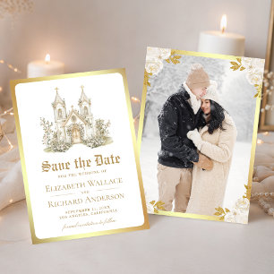ホワイトゴールドのカトリック教会の結婚式の写真 セーブザデート