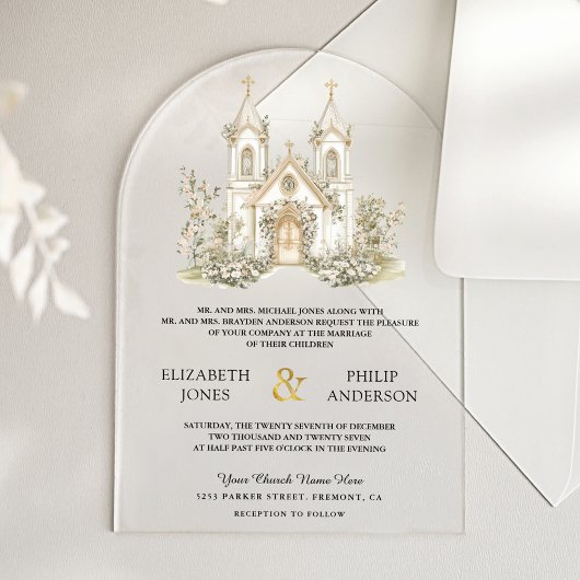 ホワイトゴールドのカトリック教会の結婚式 アクリル招待状