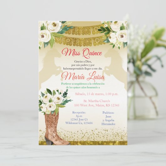 ホワイトゴールドのキンセアニエラ メキシコのミス・キンセア 招待状 (スタンド正面)