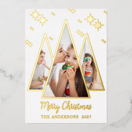 ホワイトゴールドのクリスマスツリーフォト箔押しホリデーカード 箔シーズンカード