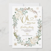 ホワイトゴールドのクリスマス フローラル ホリデー ウィンター パーティー 招待状 (正面)