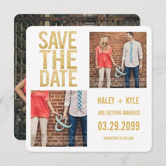 ホワイトゴールドのグリッターの保存日付の写真カード セーブザデート (正面/裏面)