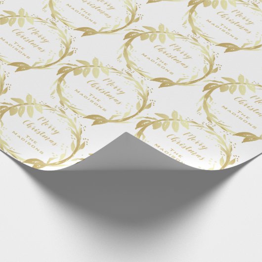 ホワイトゴールドの手によって文字を入れられるメリークリスマスのリース ラッピングペーパー (角)