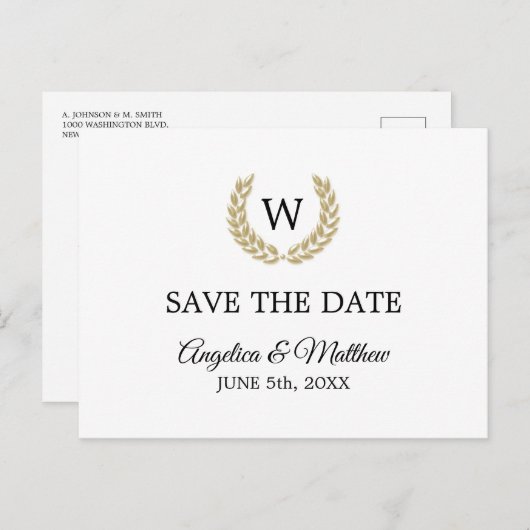 ホワイトゴールドの月桂樹のモノグラムの保存日付の結婚式 案内ポストカード (正面/裏面)