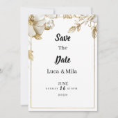 ホワイトゴールドの花のタイポグラフィー Save the Date 招待状 (正面)