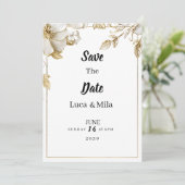 ホワイトゴールドの花のタイポグラフィー Save the Date 招待状 (スタンド正面)
