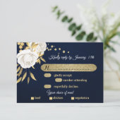 ホワイトゴールドの花柄 ネイビーブルーの食事選択 RSVP カード (スタンド正面)