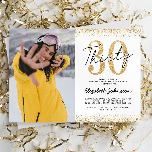 ホワイトゴールドの30歳の誕生日写真招待状 招待状