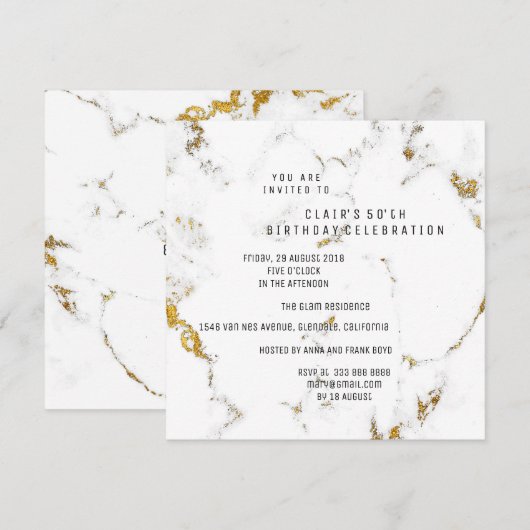 ホワイトゴールドカララマーブルジオメトリックスクエアパーティー 招待状 (正面/裏面)