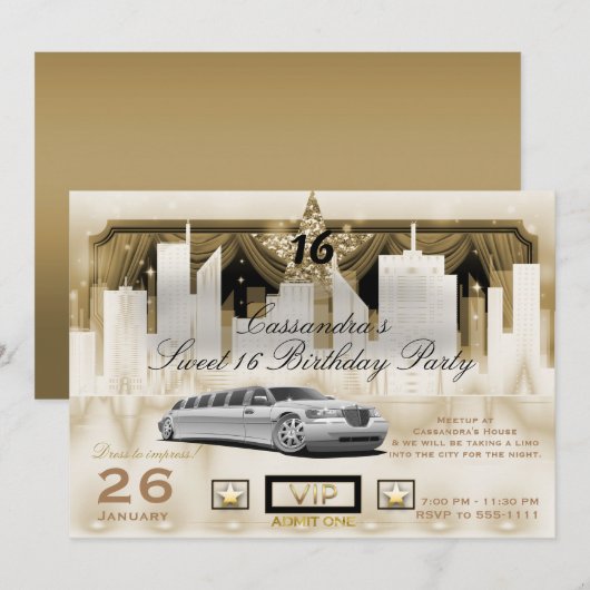 ホワイトゴールドシティ ナイトライト リモ 誕生日パーティー 招待状 (正面/裏面)