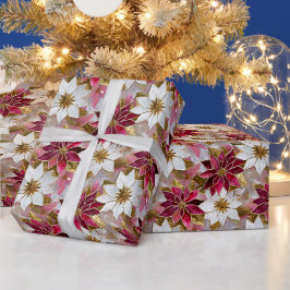 ホワイトゴールドバーガンディピンクのクリスマスポインセチア ラッピングペーパー