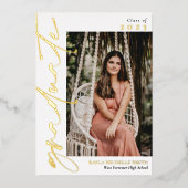 ホワイトゴールドフォイル書道写真卒業 箔招待状 (正面)