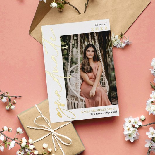 ホワイトゴールドフォイル書道写真卒業 箔招待状