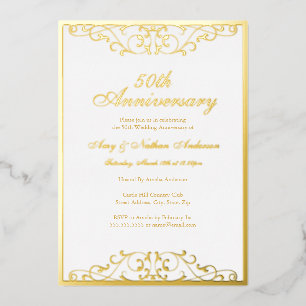 ホワイトゴールド エレガントスワール 50周年記念結婚式 箔招待状