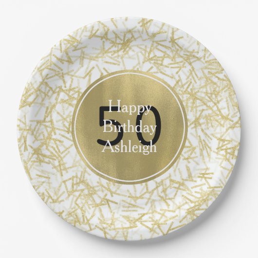 ホワイトゴールド グラム コンフェッティ 50歳の誕生日 ペーパープレート (正面)