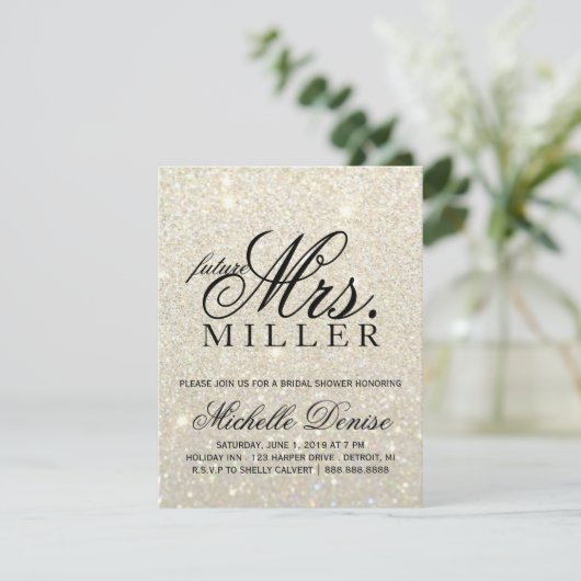 ホワイトゴールド グリッター ファブ 将来のミセス ブライダル 招待状 (スタンド正面)