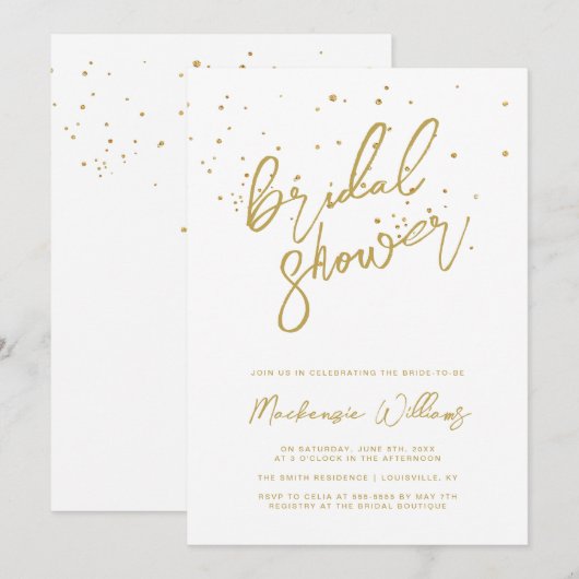 ホワイトゴールド グリッター ブライダルシャワー 招待状 (正面/裏面)