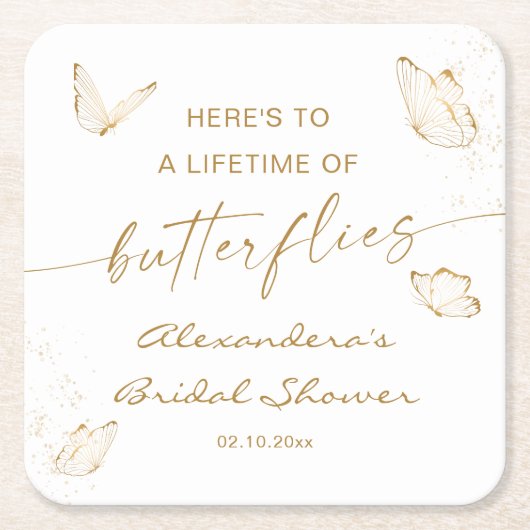 ホワイトゴールド バタフライ ブライダルシャワーのご案内 スクエアペーパーコースター (正面)