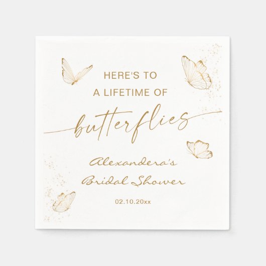 ホワイトゴールド バタフライ ブライダルシャワー スタンダードカクテルナプキン (正面)