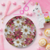 ホワイトゴールド バーガンディ ピンクのクリスマス ポインセチア ペーパープレート (パーティー)