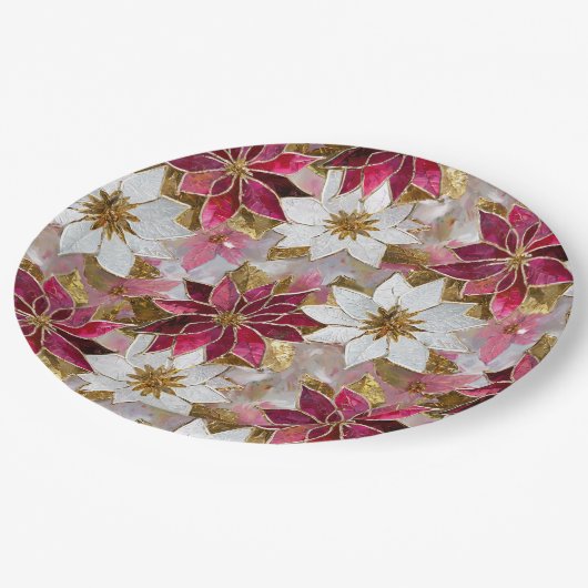 ホワイトゴールド バーガンディ ピンクのクリスマス ポインセチア ペーパープレート (アングル)
