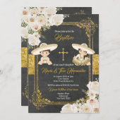 ホワイトゴールド フラワー メキシカン バプテスマ フィエスタ ツイン 招待状 (正面/裏面)